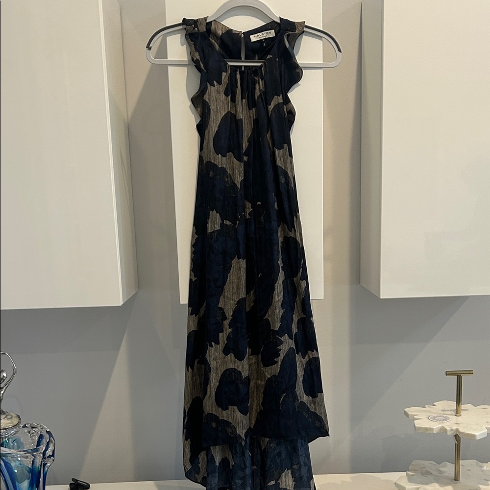 Navy and Beige High Low Tie Dress